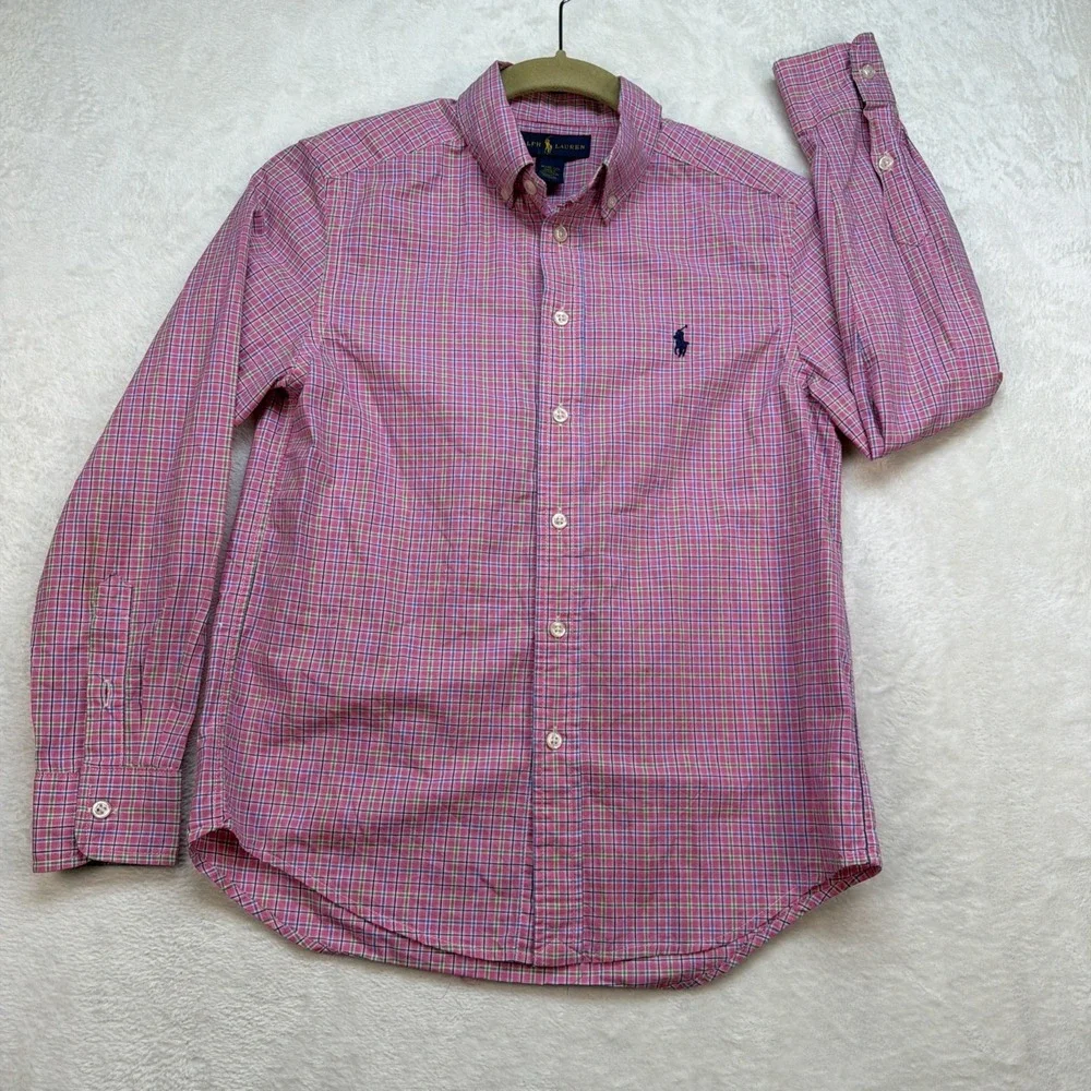 Ralph Lauren Boys Button Down Shirt‎ Pink Blue Plaid Preppy Size 10 12